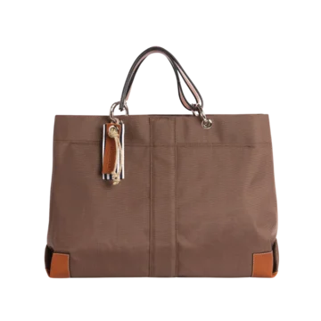 sac de travail modulable en polyester givré taupe, pour ordinateur et dossiers, avec des anses en cuir naturel