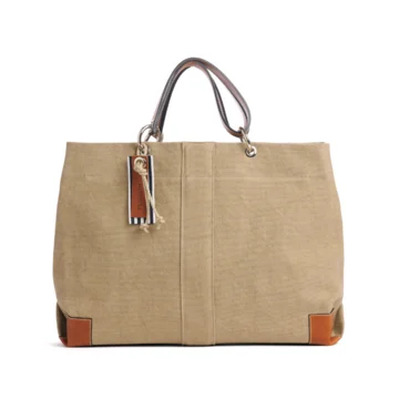 sac de travail modulable en coton sable, pour ordinateur et dossiers, avec des anses en cuir naturel