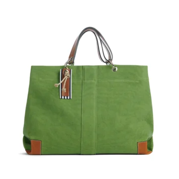 sac de travail modulable en coton vert, pour ordinateur et dossiers, avec des anses en cuir naturel