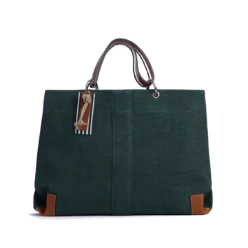 sac de travail modulable en coton vert foret, pour ordinateur et dossiers, avec des anses en cuir naturel
