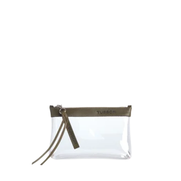 pochette en plastique transparent et cuir kaki