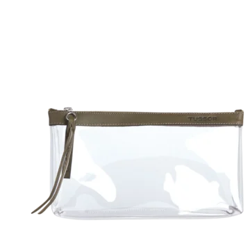 pochette en plastique transparent et cuir kaki