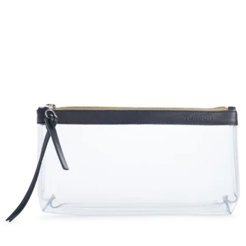 pochette en plastique transparent et cuir bleu nuit