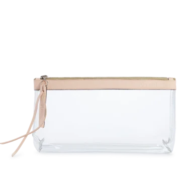 pochette en plastique transparent et cuir poudré
