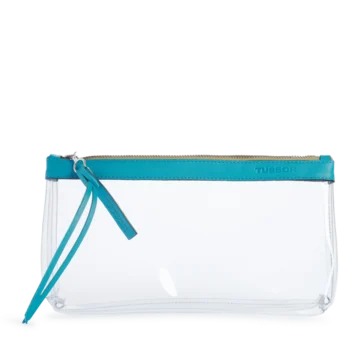 pochette en plastique transparent et cuir turquoise