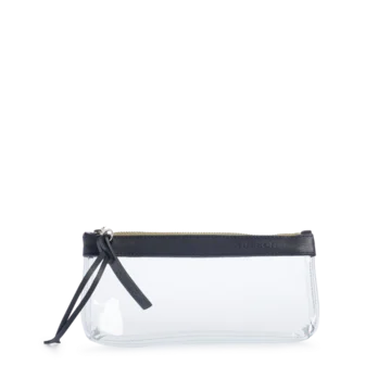 pochette en plastique transparent et cuir bleu nuit
