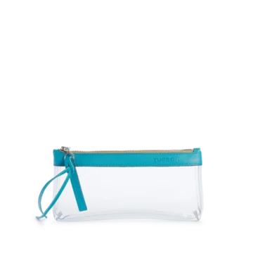 pochette en plastique transparent et cuir turquoise