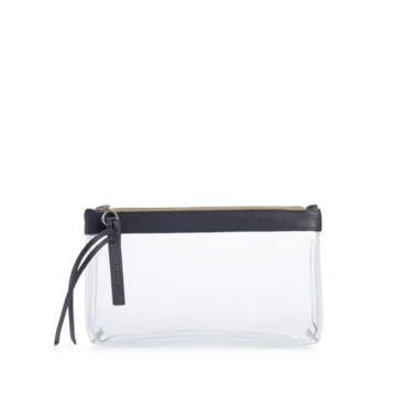pochette en plastique transparent et cuir bleu nuit