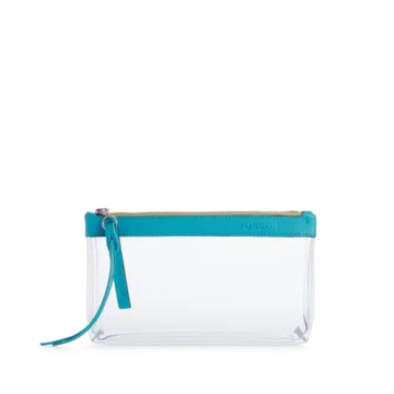 pochette en plastique transparent et cuir turquoise