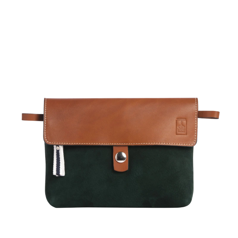 pochette amovible en cuir nubuck veau vert forêt et son rabat en cuir gold