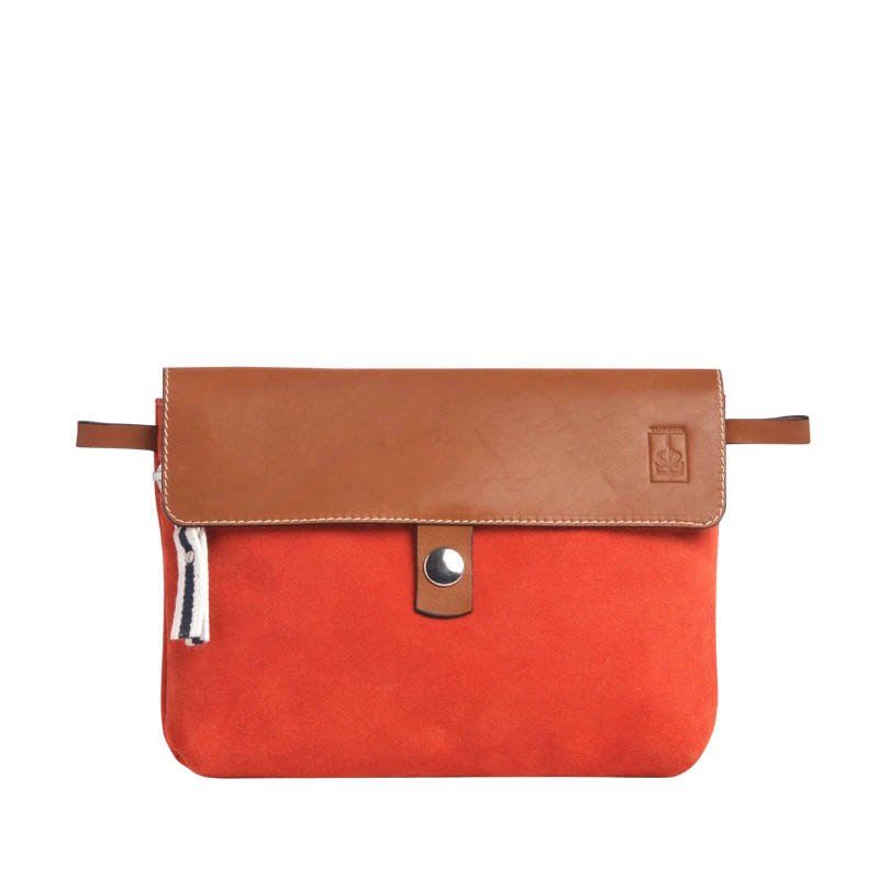 pochette amovible en cuir vachette velours corail et son rabat en cuir gold