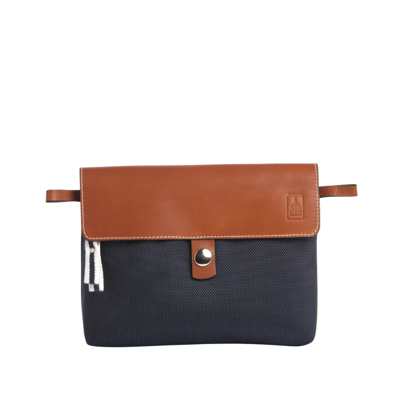 pochette amovible en cuir et polyester givré bleu marine
