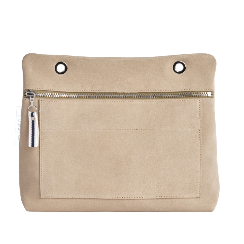 Grande pochette modulable en cuir vachette velours galet