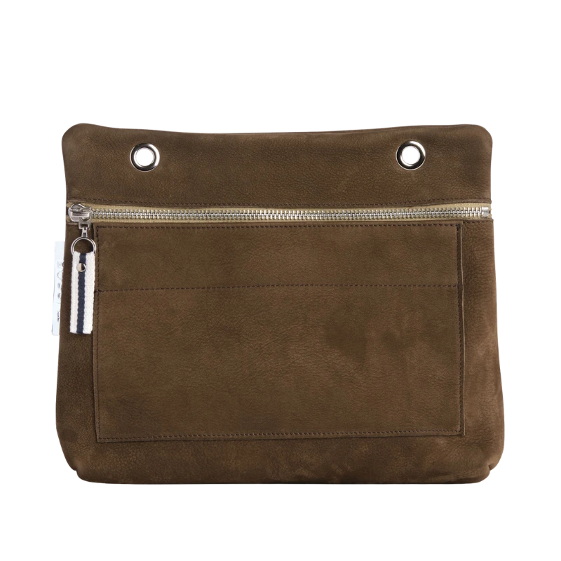 Grande pochette modulable en cuir nubuck veau pleine fleur taupe