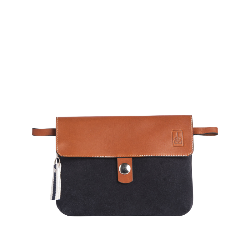 pochette mobile amovible en cuir vachette velours bleu marine