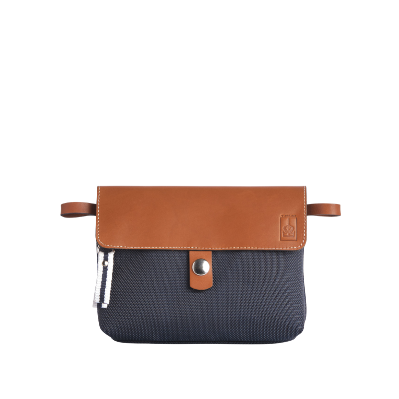 pochette mobile amovible en polyester givré bleu marine et cuir face