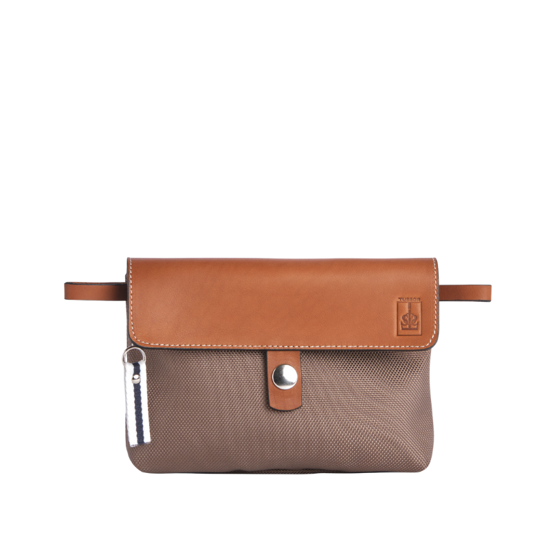 pochette mobile amovible en polyester givre taupe et cuir face