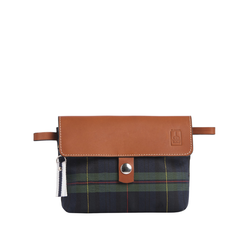 pochette mobile amovible en polyester écossais marine et cuir face