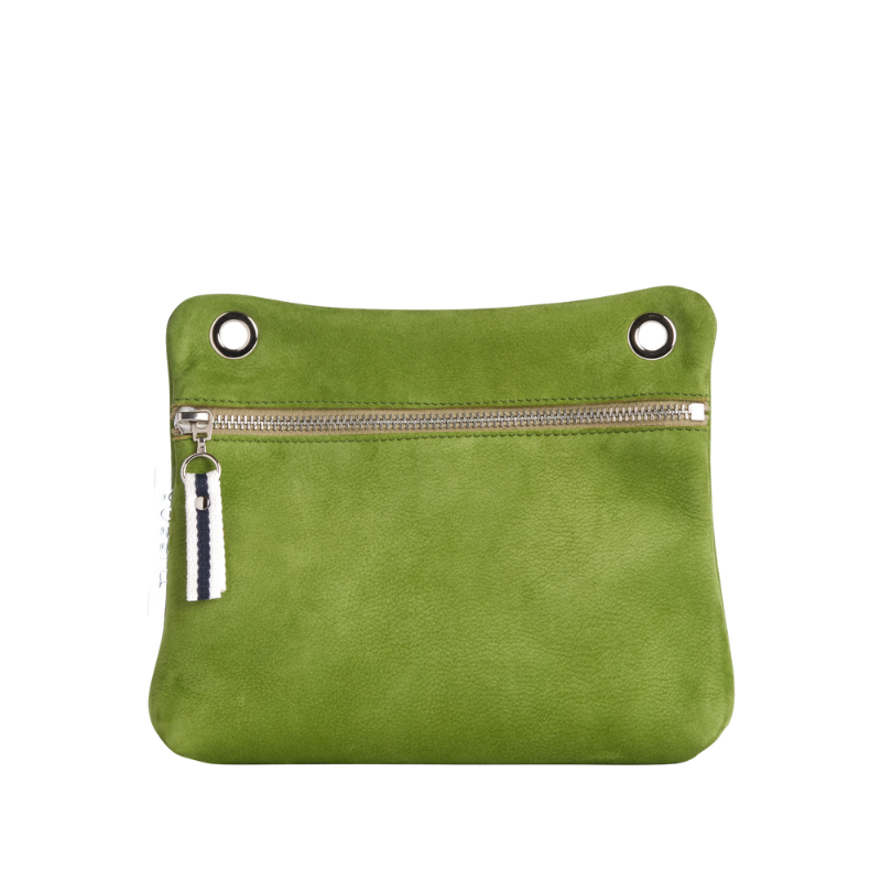 pochette yole en cuir nubuck veau vert prairie