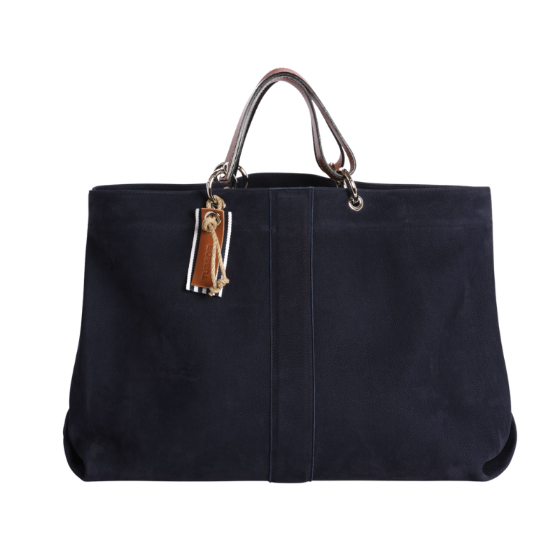 sac de travail modulable en cuir nubuck veau bleu marine, pour ordinateur et dossiers, avec des anses en cuir naturel