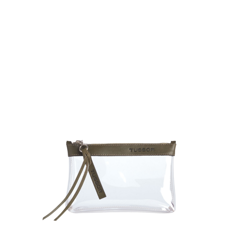 pochette en plastique transparent et cuir kaki