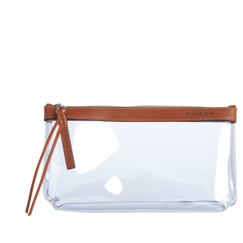 pochette en plastique transparent et cuir gold