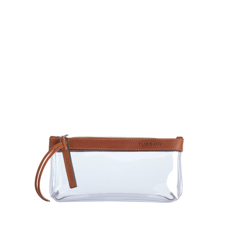 pochette en plastique transparent et cuir gold