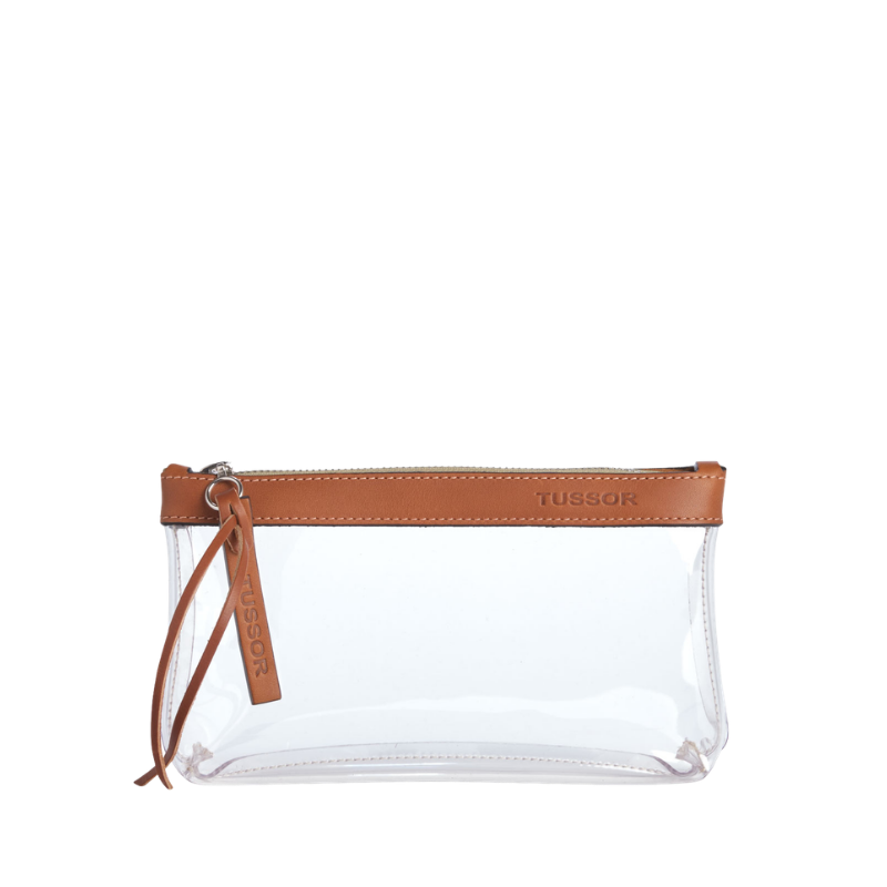pochette en plastique transparent et cuir gold