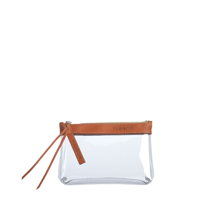 pochette en plastique transparent et cuir gold