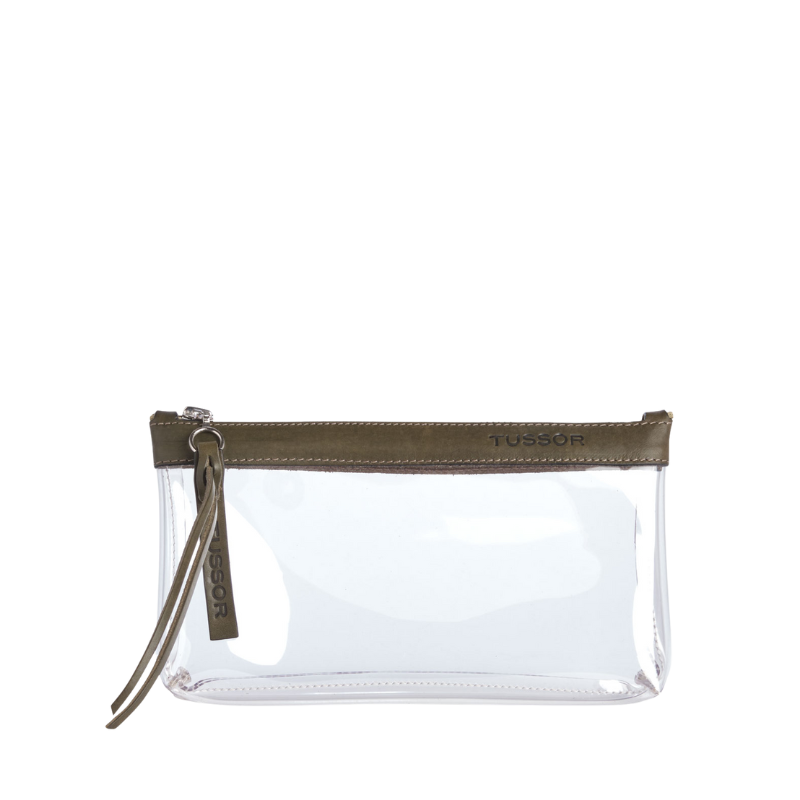 pochette en plastique transparent et cuir kaki
