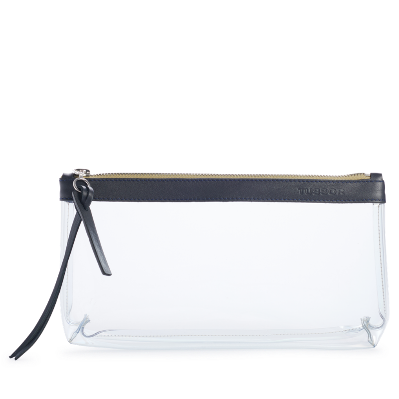 pochette en plastique transparent et cuir bleu nuit
