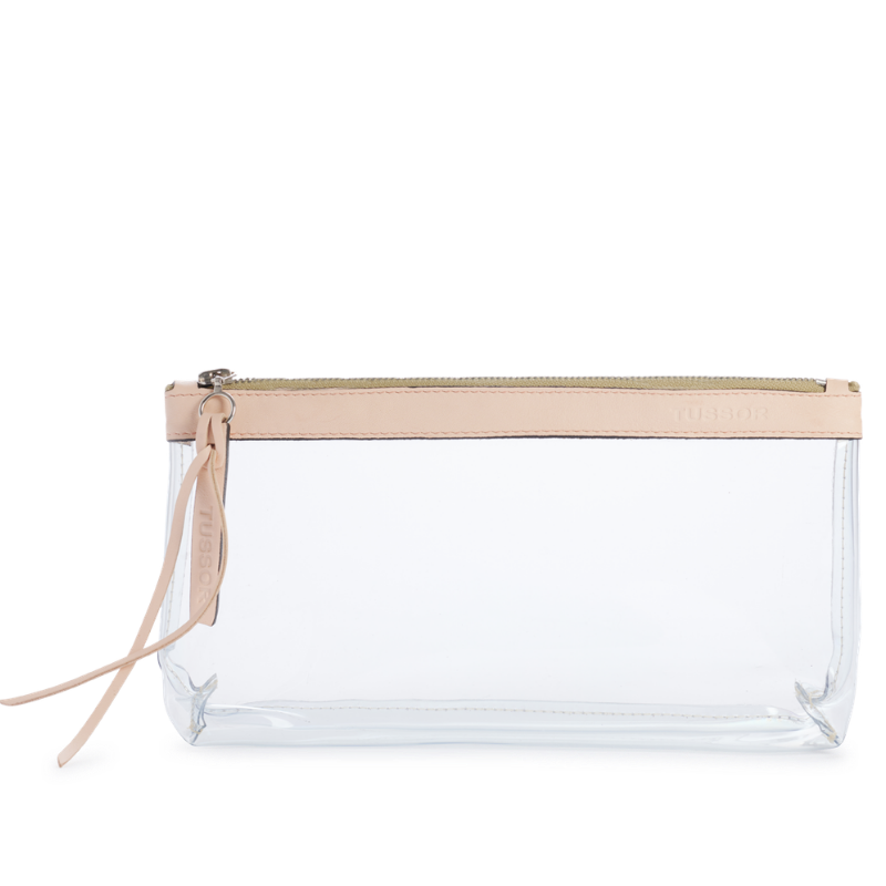 pochette en plastique transparent et cuir poudré