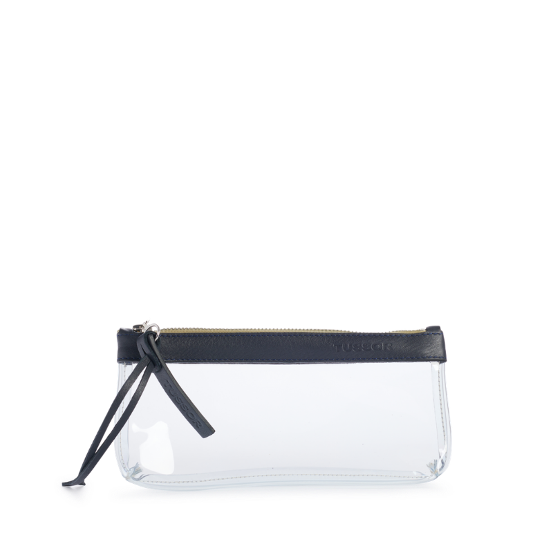 pochette en plastique transparent et cuir bleu nuit