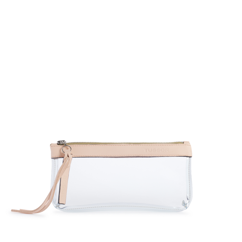 pochette en plastique transparent et cuir poudré