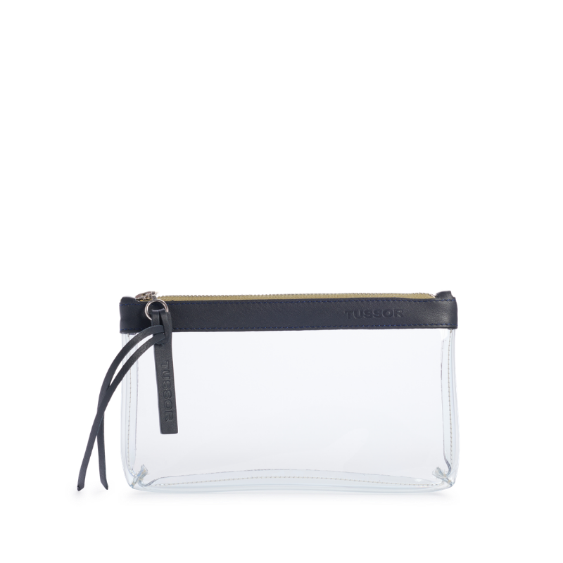 pochette en plastique transparent et cuir bleu nuit