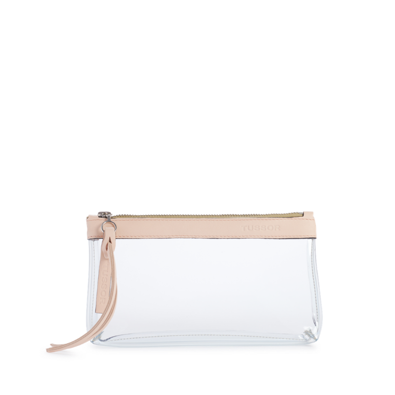 pochette en plastique transparent et cuir poudre