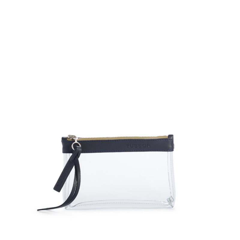pochette en plastique transparent et cuir bleu nuit