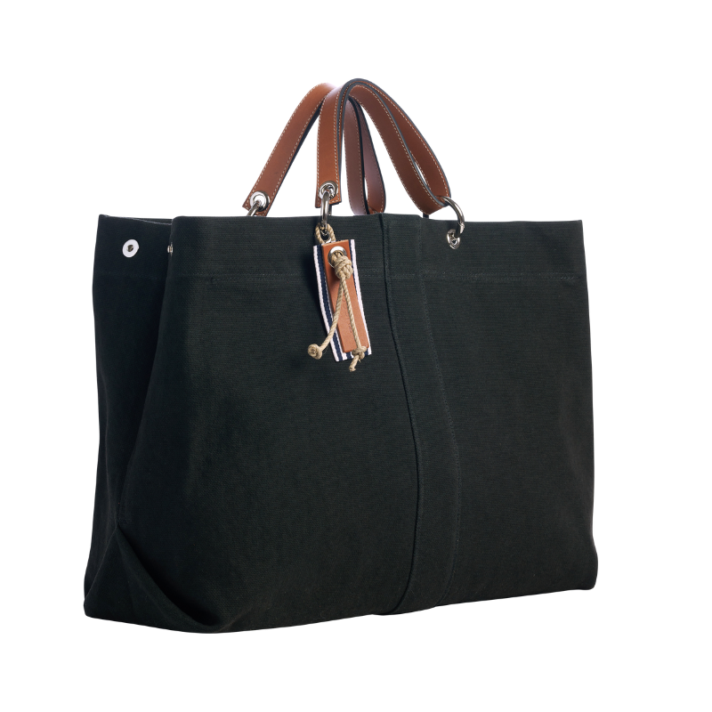 grand sac modulable en coton noir, pour le week-end, avec des anses en cuir naturel