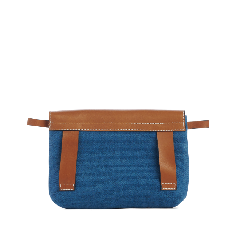 pochette mobile amovible en coton bleu canard et cuir dos