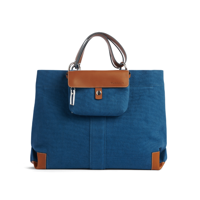 pochette mobile amovible en coton bleu canard et cuir sur un sac canotage working bleu roi