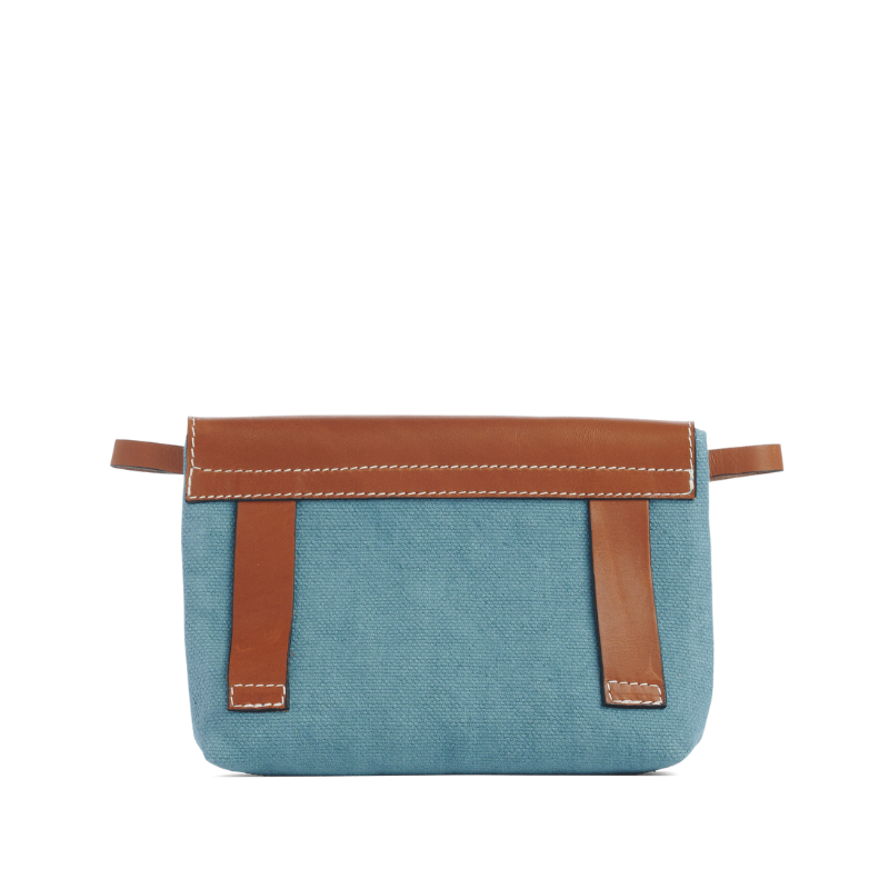 pochette mobile amovible en coton bleu français et cuir