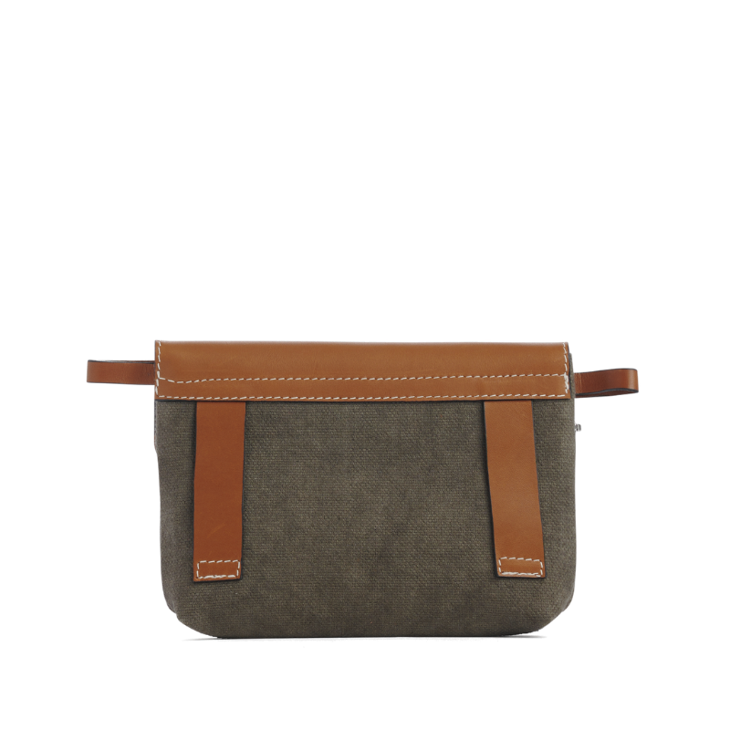 pochette mobile amovible en coton kaki et cuir