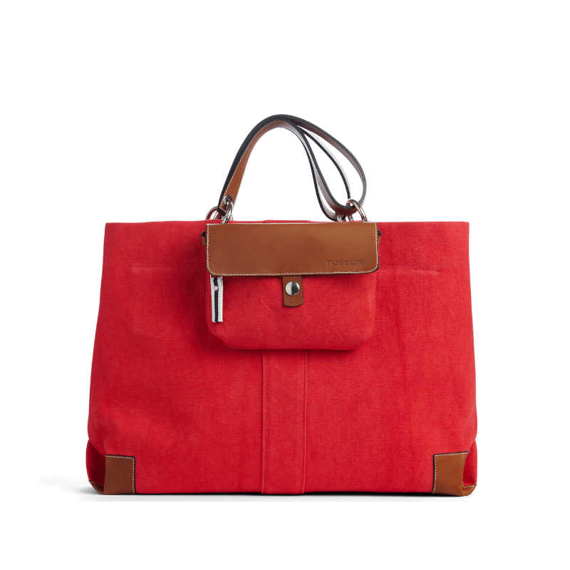 pochette mobile amovible en coton rouge et cuir sur un sac canotage working rouge