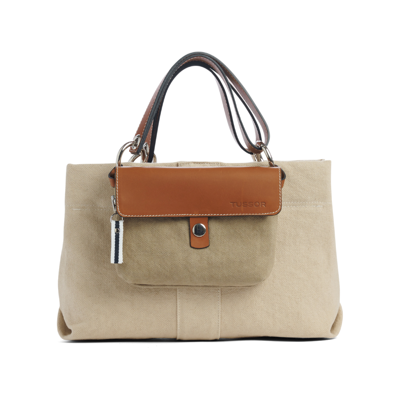pochette mobile amovible en coton sable et cuir sur un sac canotage small coton grege