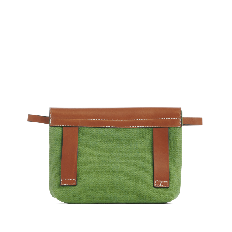 pochette mobile amovible en coton vert et cuir