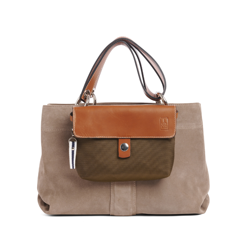 pochette mobile amovible en polyester givre kaki et cuir sur un sac canotage small en cuir vachette galet