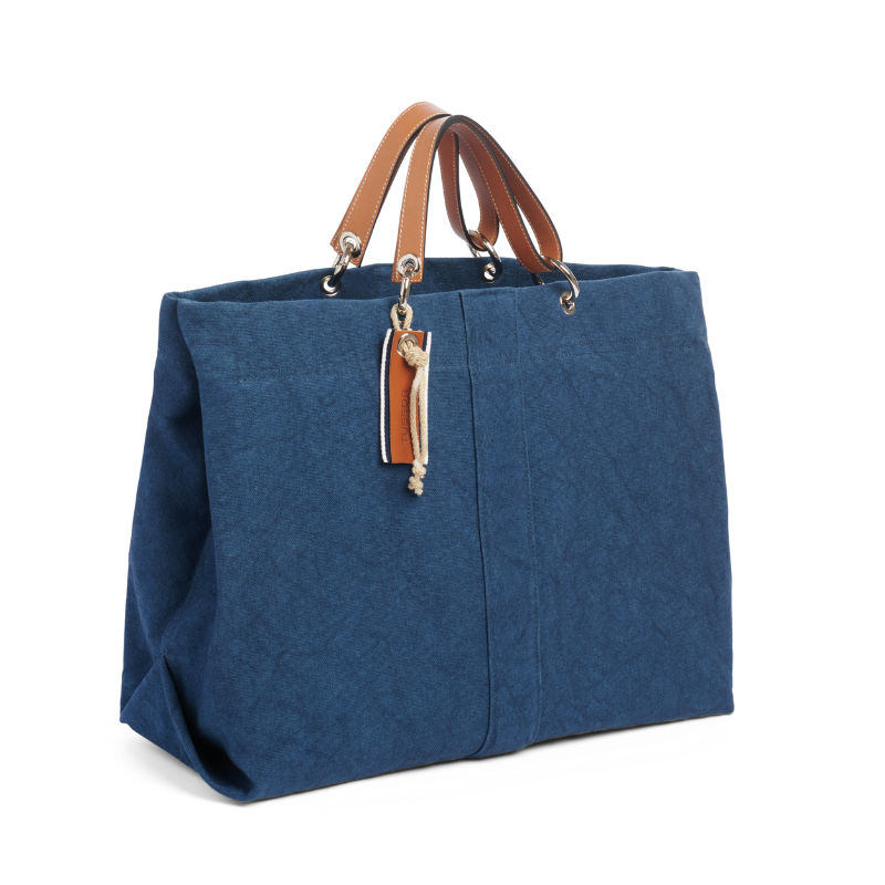 sac modulable en coton bleu canard, pour le week-end, avec des anses en cuir naturel