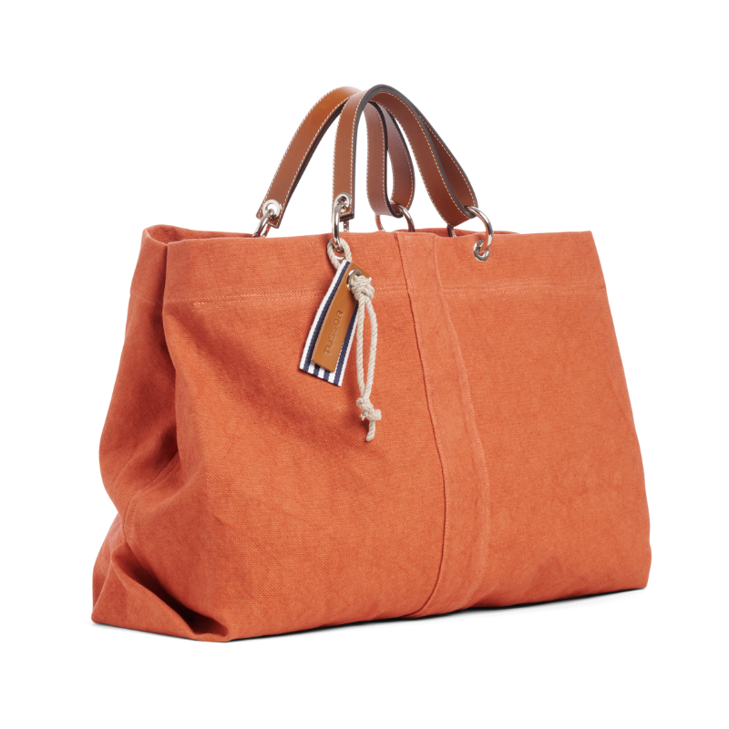 grand sac modulable en coton brique, pour le week-end, avec des anses en cuir naturel