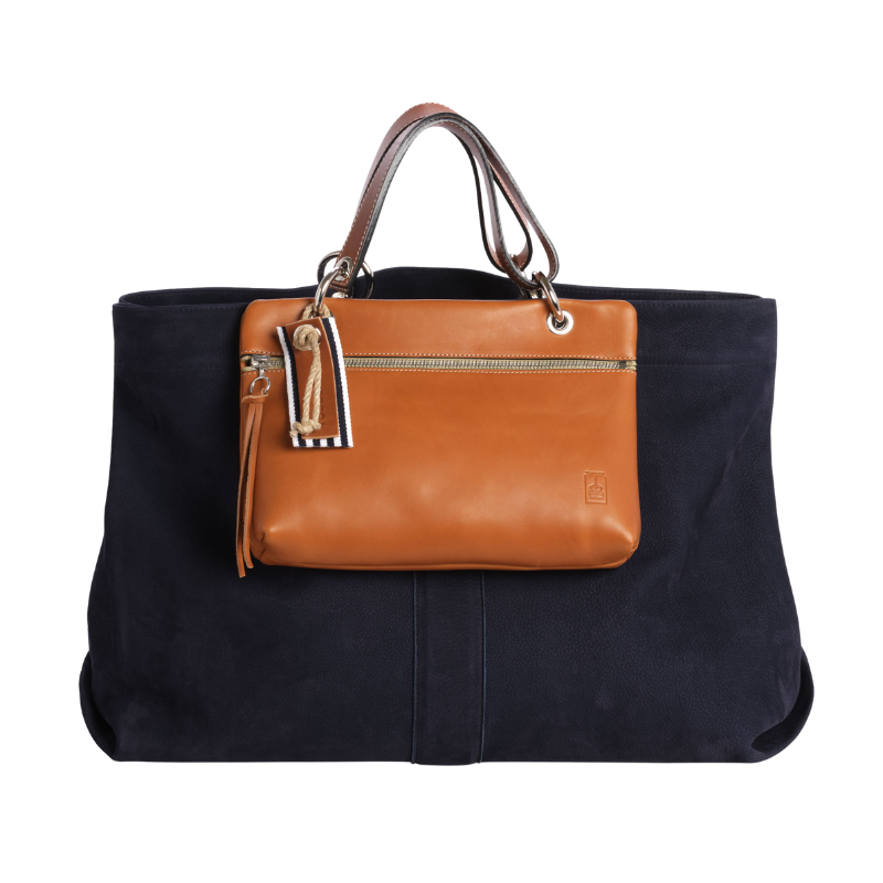 Sac Canotage Large Cuir Nubuck Veau Bleu Marine + Coéquipier Cuir Gold
