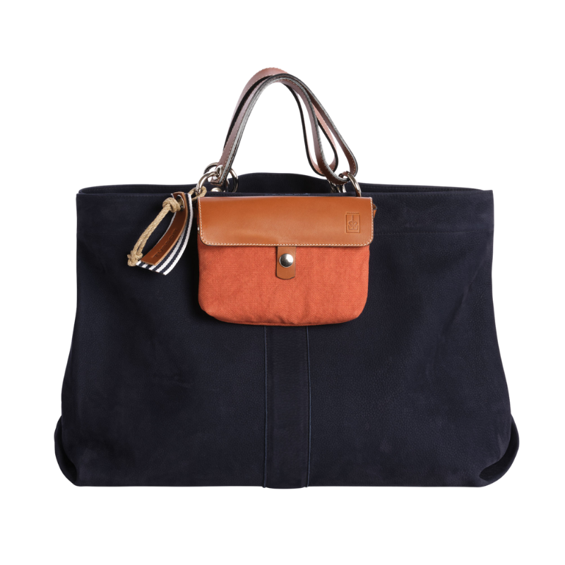 Sac Canotage Large Cuir Nubuck Veau Bleu Marine + Mobile Coton Brique